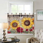 Sunflowers Kitchen Curtains 45 Inch Length, Short Cafe Window Curtains Tab Top, Retro Flower Barn Doors Butterfly Farmhouse Brown Light Filtering Window Treatments Tier Drapes 27.5"x45" 2 Panel