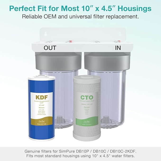 SimPure Whole House Water Filter Cartridges 10" x 4.5" GAC/KDF Carbon and Heavy Metal Filter, for DB10C-2KDF, DB10P, WGB21B-KS, FG15B-KS, GE FXHTC, GXWH40L, 4 Pack