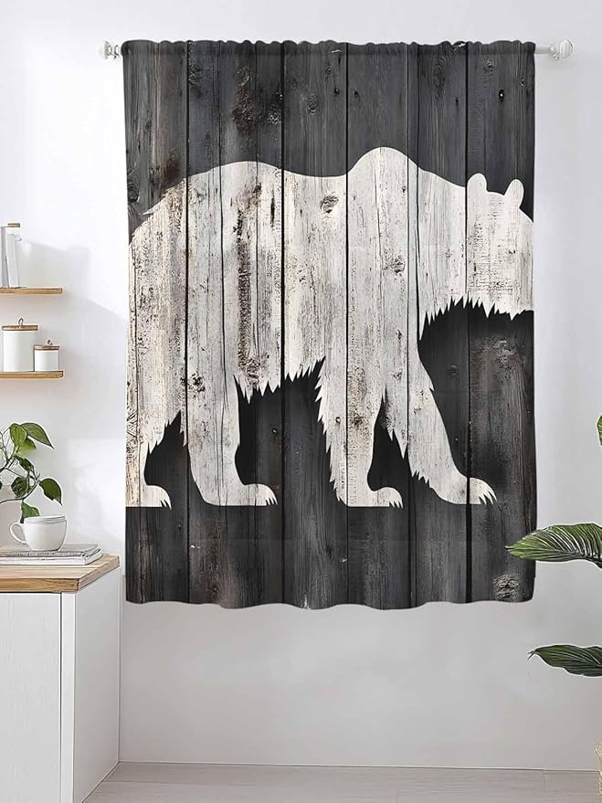 Sheer Curtains 63 Inch Length, White Brown Bear Semi Sheer Curtains Light Filtering Window Treatment, Farmhouse Country Rustic Wooden Grain Privacy Voile Drapes for Living Room Bedroom 52x63 Inch