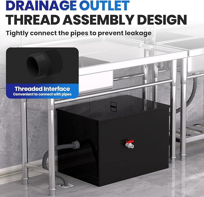 11.3 GPM Under Sink Grease Trap with Filter Baskets, 30 LBS Commercial Grease Trap, 23.6x15.7x18 in, 3-Layer Steel Grease Interceptor for Kitchen, Restaurant, Food Processing