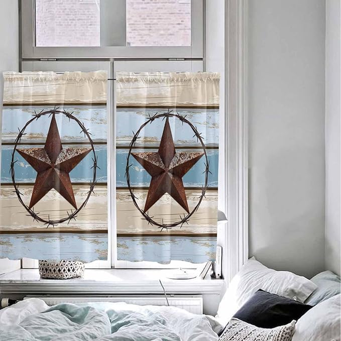 Vintage Western Star on Wood Grain Window Valance Curtains, Retro Wooden Texture Light Filtering Kitchen Valance with 3-inch Rod Pocket for Living Room Bathroom Bedroom,2 Panel,42x54In