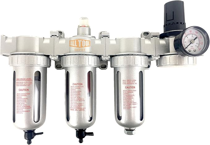 1/4" NPT MID FLOW 4 Stages Filter Coalescing Desiccant Dryer Regulator System For Compressed Air Lines, Poly Bowls, Great For Paint Spray And Plasma Cutter (MANUAL DRAIN)
