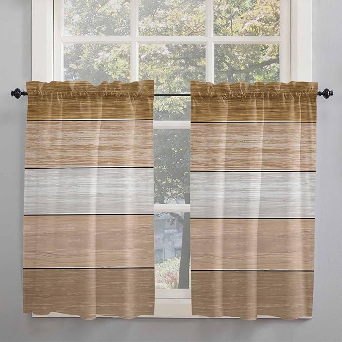 Retro Farm Wood Board Window Valance Curtains, Brown Graduality Striped Light Filtering Kitchen Valance with 3-inch Rod Pocket for Living Room Bathroom Bedroom,2 Panel,52x54In