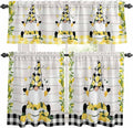 Lemon Gnomes Kitchen Curtains Set 3 Piece for Windows, Rod Pocket Valance and Tier Set 24 Inch Length, Summer Botanical Fruit Wooden Grain Plaid Light Filtering Cafe Curtains for Living Room Bathroom
