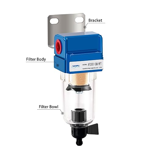 NANPU 1/4" NPT Compressed Air Line Filter, 5 Micron Brass Element, Manual Drain, Bracket, Poly Bowl, 145 PSI