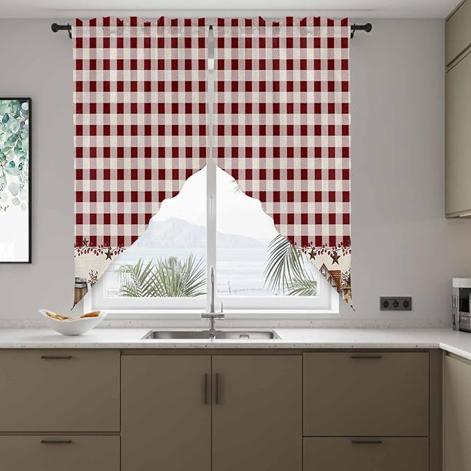 Swag Curtain Valances for Kitchen Windows,Farm Barn Western Star on Vintage Short Rod Pocket Window Valance,Red Buffalo Plaid Swag Topper for Bedroom Living Room,2 Panels 28x36in