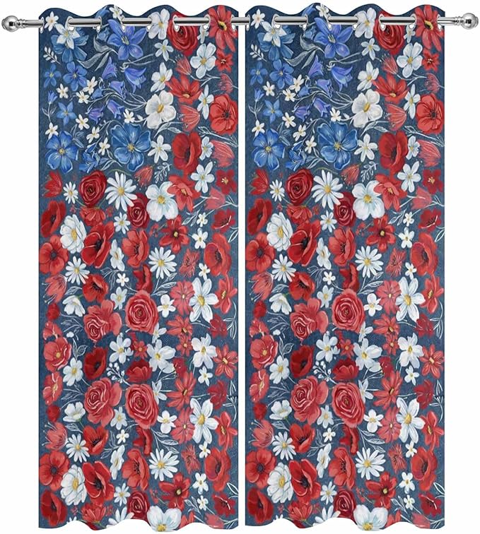 4th of July Outdoor Curtains for Patio Patriotic Flowers Farmhouse Red Waterproof Outside Curtains with Grommet Top Weatherproof Curtain for Cabana Pergola Gazebo, 2 Pack, 54" W x 84" L