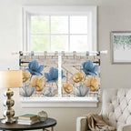 Blue Yellow Tulips Kitchen Curtains 24 Inch Length, Small Window Curtains Tab Top, Retro Farmhouse Flower Barn Doors Wooden Light Filtering Short Window Treatments Tier Drapes 27.5"x24" 2 Panel