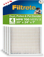 Filtrete 20x24x1 AC Furnace Air Filter, MPR 700, MERV 8, Tough on Pollen, Easy on Airflow, 3-Month Pleated 1-Inch Electrostatic Air Cleaning Filter, 4-Pack (Actual Size 19.81 x 23.81 x 0.81 in)