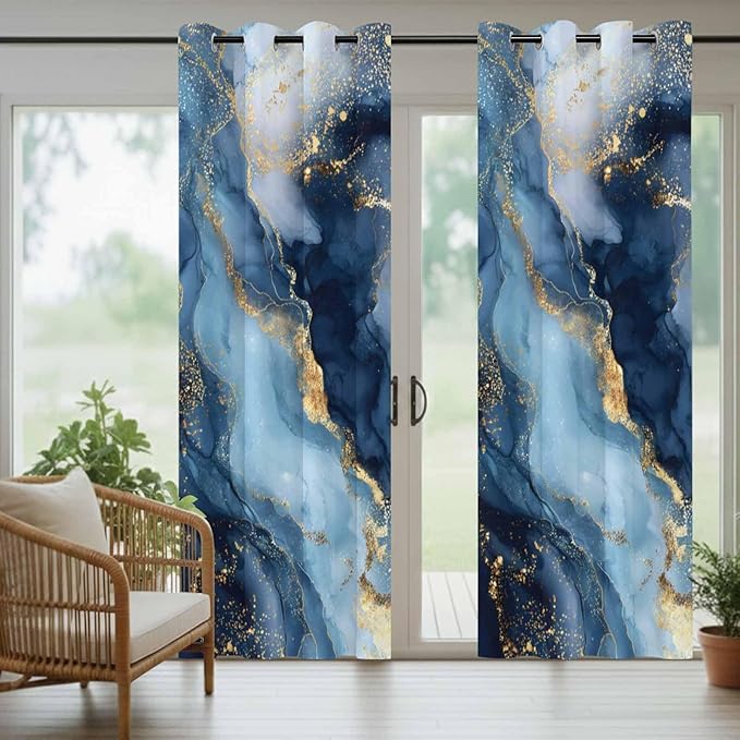 Marble Texture Outdoor Curtains for Patio Abstract Gradient Blue Golden Gorgeous Waterproof Outside Curtains with Grommet Top Weatherproof Curtain for Cabana Pergola Gazebo, 1 Panel, 54" W x 95" L