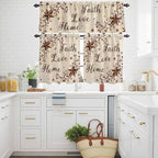 Kitchen Curtains Tiers and Valance Set of 3, Brown Farmhouse Light Filtering Window Curtain Set, Retro Country Stars Rustic Branches Berry Rod Pocket Curtain Drapes for Living Room, 24 Inches Tiers
