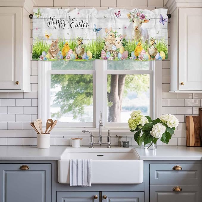 Easter Curtain Valances for Windows, Kitchen Valance Window Treatment, Spring Sheep Bunny Duck Plants Wooden Grain Light Filtering Block Curtains for Bathroom/Bedroom/Living Room 60'' x 18''
