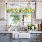 Easter Curtain Valances for Windows, Kitchen Valance Window Treatment, Spring Sheep Bunny Duck Plants Wooden Grain Light Filtering Block Curtains for Bathroom/Bedroom/Living Room 42'' x 18''