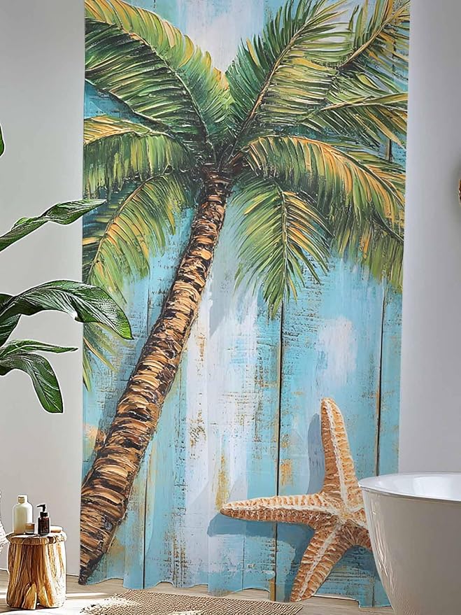 Sheer Curtains 108 Inches Long, Coastal Beach Tree Semi Sheer Curtains Light Filtering Window Treatment, Summer Tropical Starfish Wood Grain Privacy Voile Drapes for Living Room Bedroom 52x108 Inch