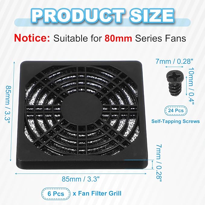 PATIKIL 80mm Fan Filter Grill, 6 Pcs Plastic Ventilation Dustproof Grill Covers Cooling Ventilator with Screws for Industry Workshop Computer Case Refrigerators Air Conditioning, Black