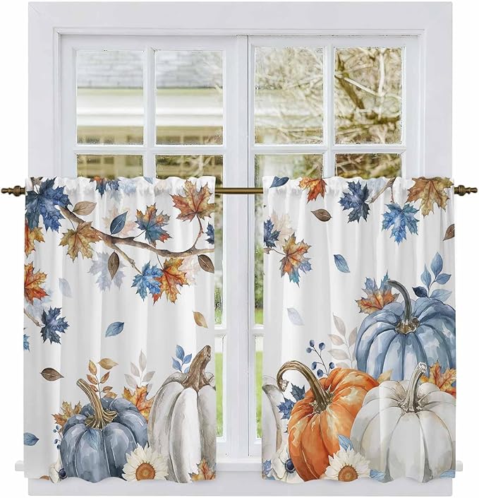 Navy Blue Pumpkin Fall Kitchen Tier Curtains 45 Inch Long 2 Panel Set,Rod Pocket Short Window Treatment,Thanksgiving Maple Leaves Branches Curtains & Drapes for Bathroom Basement 27.5"W x 45"L