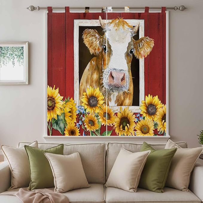 Cows Sunflowers Bedroom Curtains 72 Inch Length, Window Curtains Tab Top, Spring Floral Bees Farmhouse Barn Light Filtering Window Treatments Drapes 52"x72" 2 Panel