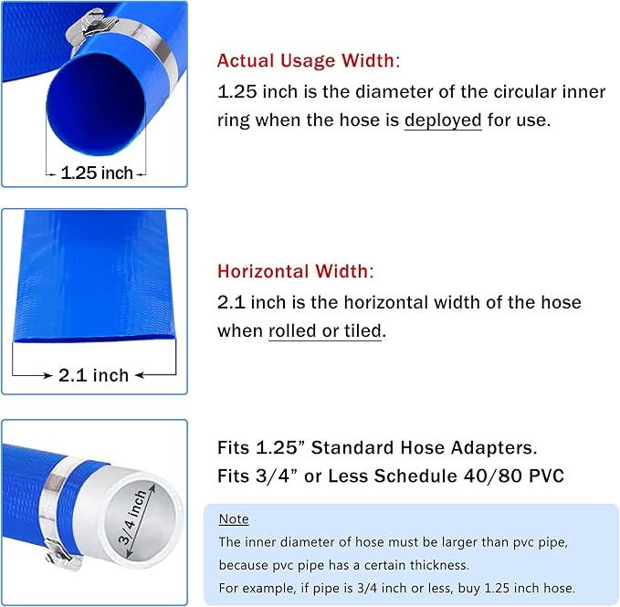 DAVCO 1.25" x 50 ft Pool Backwash Hose, Heavy Duty Reinforced Blue PVC Lay Flat Water Discharge Pump Hoses For Swimming Drain Pools and Clean Filters,with 1 Clamp