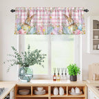 Kitchen Curtains Tiers and Valance Set of 3, Easter Light Filtering Window Curtain Set, Spring Rabbit Eggs Nature Botanicals Pink Plaid Rod Pocket Curtain Drapes for Cafe, Living Room, 36 Inches Tiers