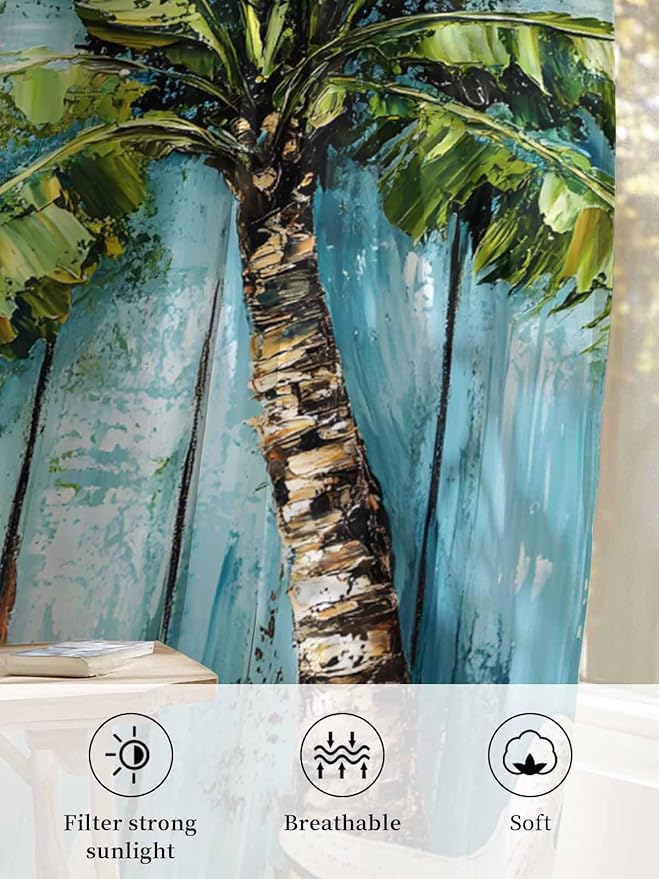 Sheer Curtains 108 Inches Long, Coastal Beach Starfish Semi Sheer Curtains Light Filtering Window Treatment, Blue Green Tropical Palm Tree Wood Grain Privacy Voile Drapes for Living Room 52x108 Inch