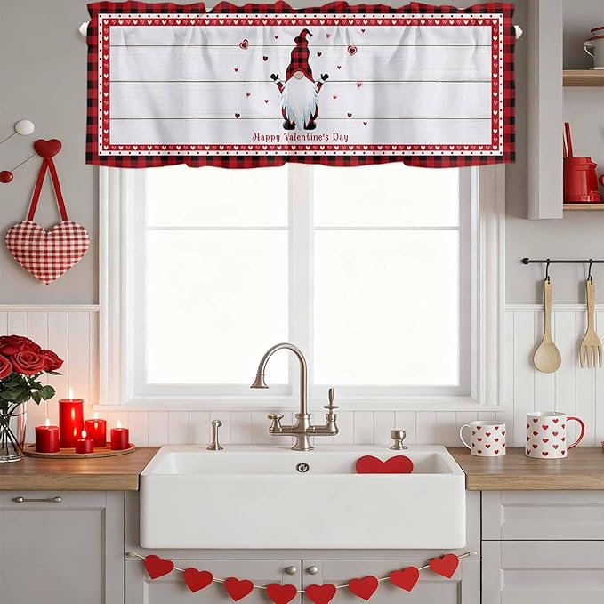 Valentine's Day Valance Curtains for Kitchen, Gnome Red Love Plaid Wood Grain Privacy Rod Pocket Valance Curtain, Light-Filtering Window Treatment for Bedroom Bathroom, 42"x12"