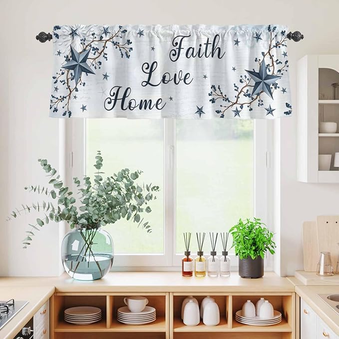 Texas Star Country Kitchen Curtains Set 3 Piece for Windows, Rod Pocket Valance and Tier Set 36 Inch Length, Blue Farmhouse Branches Light Filtering Cafe Curtains for Living Room Bathroom
