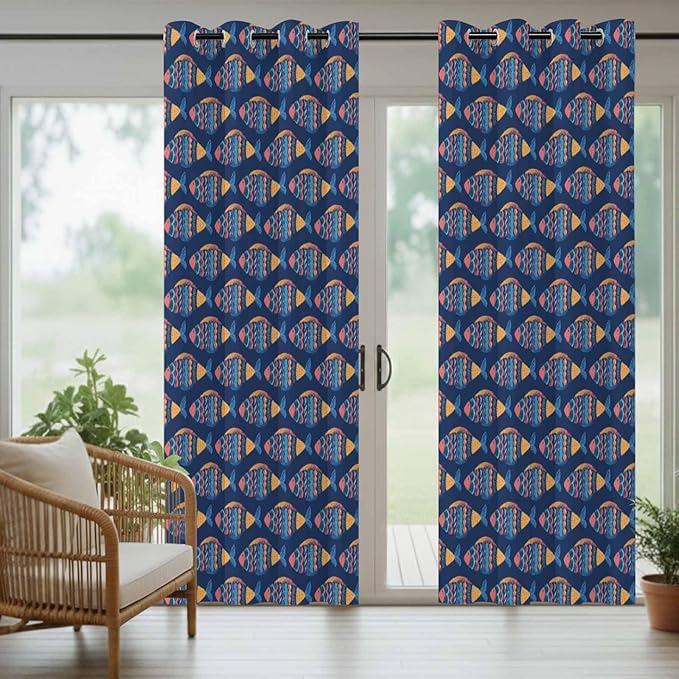 Fish Outdoor Curtains for Patio Vintage National Wind Fish Blue Waterproof Outside Curtains with Grommet Top Weatherproof Curtain for Cabana Pergola Gazebo, 2 Pack, 54" W x 95" L