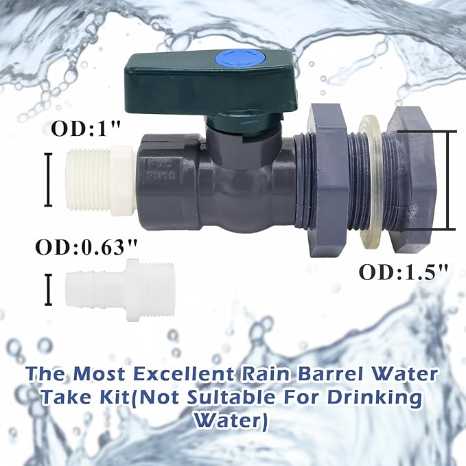 PVC Rain Barrel Diverter Kit Rain Barrel 3/4 Inch Spigot Kit with Bulkhead Fitting, Hose (25mm/1" + 16mm/0.63") Adapter, Hole Saw, Ball Valve, Clamps, Thread Seal Tape