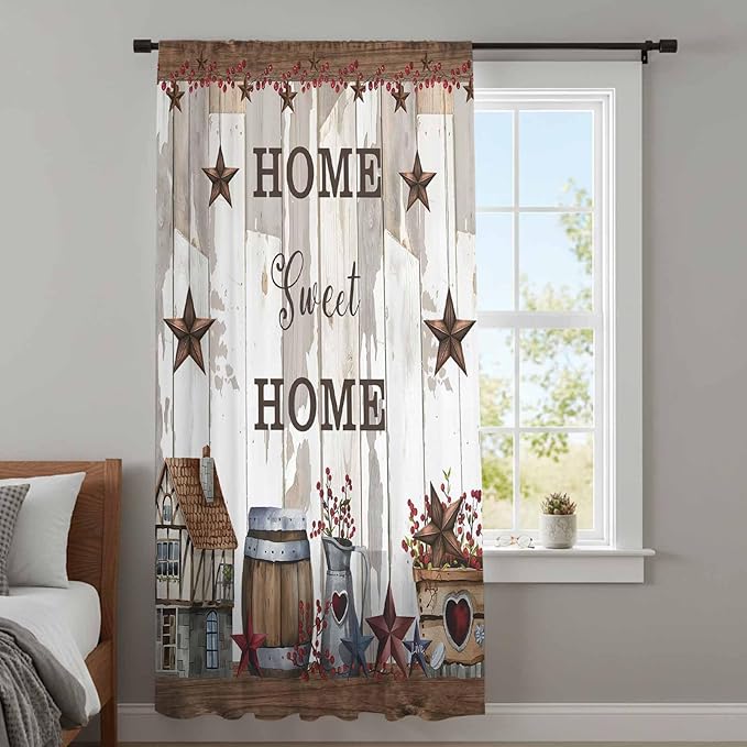 Farmhouse Sheer Curtains 54 Inch Length Retro Country Star Berry Vintage Wood Grain Chiffon Curtain for Bedroom Living Room Light Filtering Window Treatments Voile Curtains Drapes for Kitchen