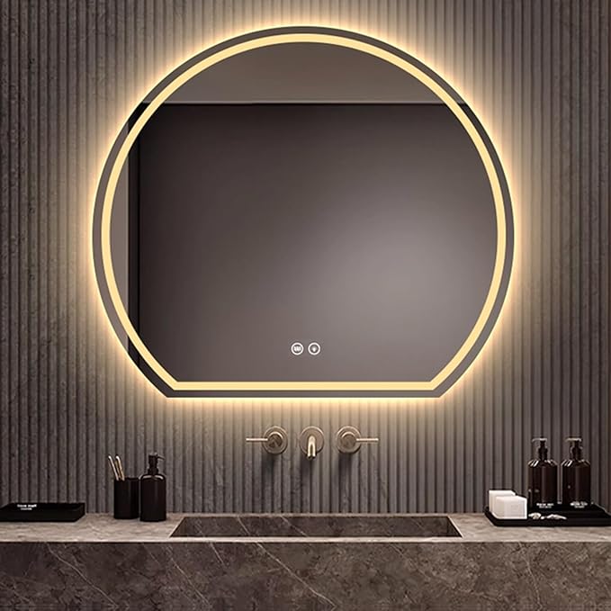 Bathroom Mirror with 3 Colour LED Lights, Wall Mounted Bathroom Vanity Mirror, Demister Heat Pad/Dimming Function/Touch Switch Smart Mirror(A,39.3"x35.4"/100x90cm)