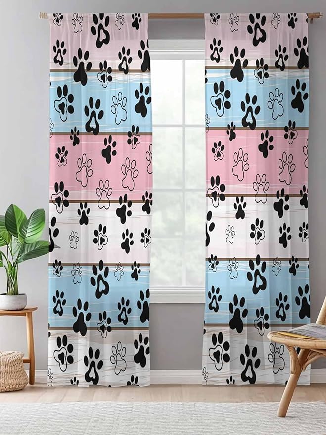 Sheer Curtains 84 Inches Long, Pink Blue Paw Print Semi Sheer Curtains Light Filtering Window Treatment, Vintage Farmhouse Wooden Grain Privacy Voile Drapes for Living Room Bedroom 52x84 Inch