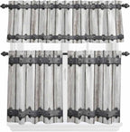 Farmhouse Rustic Kitchen Curtain Set, Vintage Country Wooden Grain Window Valance and Tiers 24" Length, Light Filtering Short Curtains Valance for Cafe Bathroom Bedroom 54"x18"
