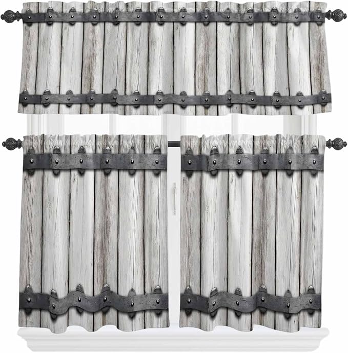 Farmhouse Rustic Kitchen Curtain Set, Vintage Country Wooden Grain Window Valance and Tiers 36" Length, Light Filtering Short Curtains Valance for Cafe Bathroom Bedroom 54"x18"
