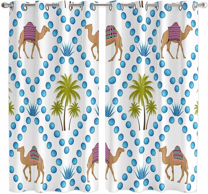 2 Panel Kitchen Cafe Curtains, Camels Palm Trees Sunlight Filtering Nature Air Through, Home Decor Window Covering Tier Curtains for Living Room 104W x 84L inch Tropical Desert Animal Plants Polka Dot