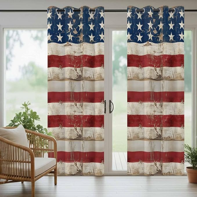 4th of July Outdoor Curtains for Patio USA Flag Independence Day Vintage Waterproof Outside Curtains with Grommet Top Weatherproof Curtain for Cabana Pergola Gazebo, 2 Pack, 54" W x 95" L