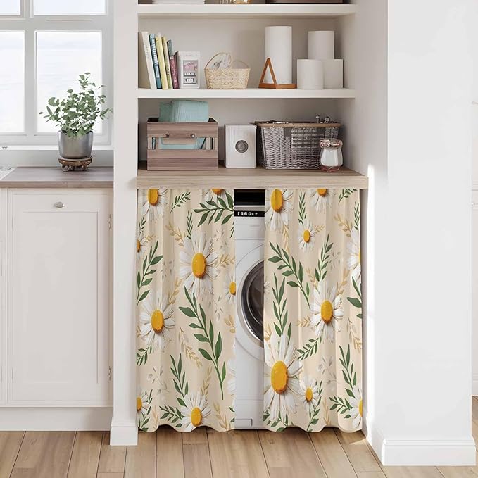 Spring Daisy Kitchen Curtains, Country Watercolor Flower Leaf Plant Light Filtering Window Curtain Panels, 2Pcs Rod Pocket Window Treatments Set for RV Dining Room Study Room 42x54 Inches