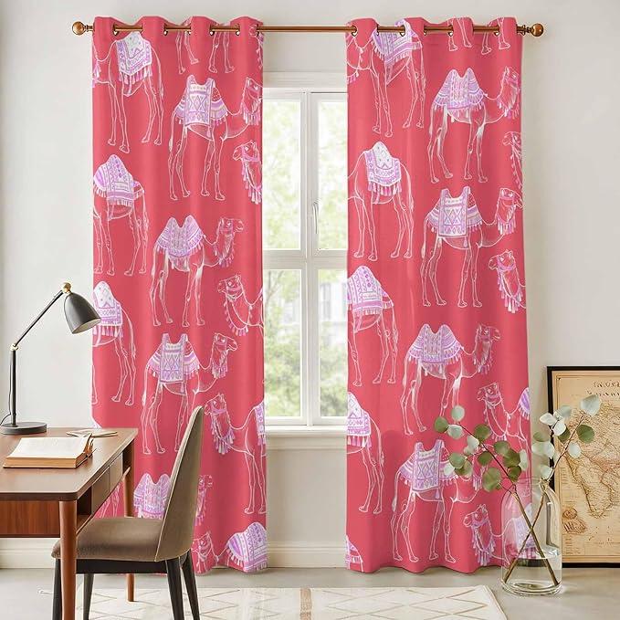 2 Panel Kitchen Cafe Curtains, Desert Camel Sunlight Filtering Nature Air Through, Home Decor Window Covering Tier Curtains for Living Room 104W x 90L inch Summer Sand Camel Animal Vintage Pink