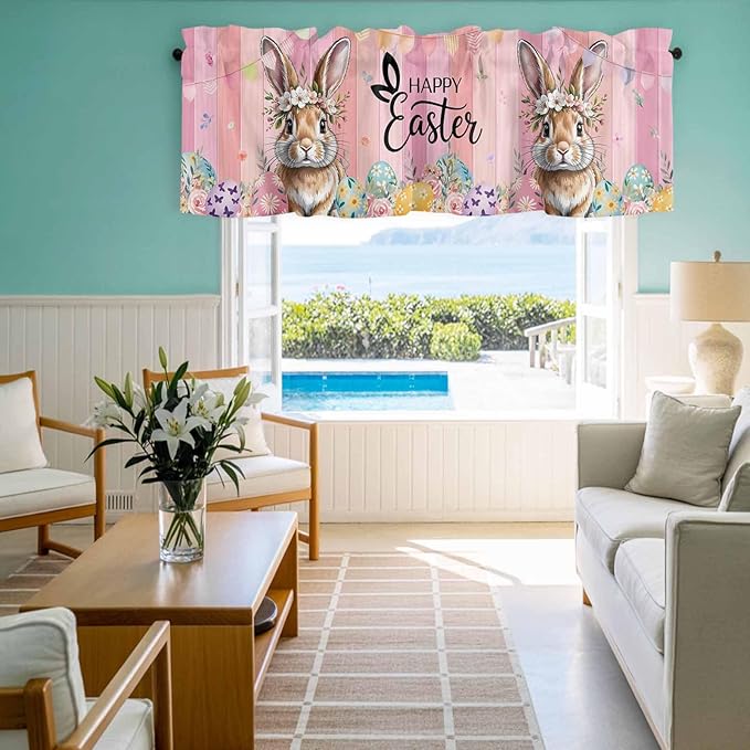Easter Curtain Valances for Windows, Kitchen Valance Window Treatment, Spring Rabbit Eggs Flowers Flags Leaves Wood Grain Light Filtering Block Curtains for Bathroom/Bedroom/Living Room 60'' x 18''