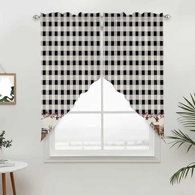 Swag Curtain Valances for Kitchen Windows,Farm Wooden House Black Buffalo Plaid Short Rod Pocket Window Valance,Western Star Swag Topper for Bedroom Living Room,2 Panels 36x36in