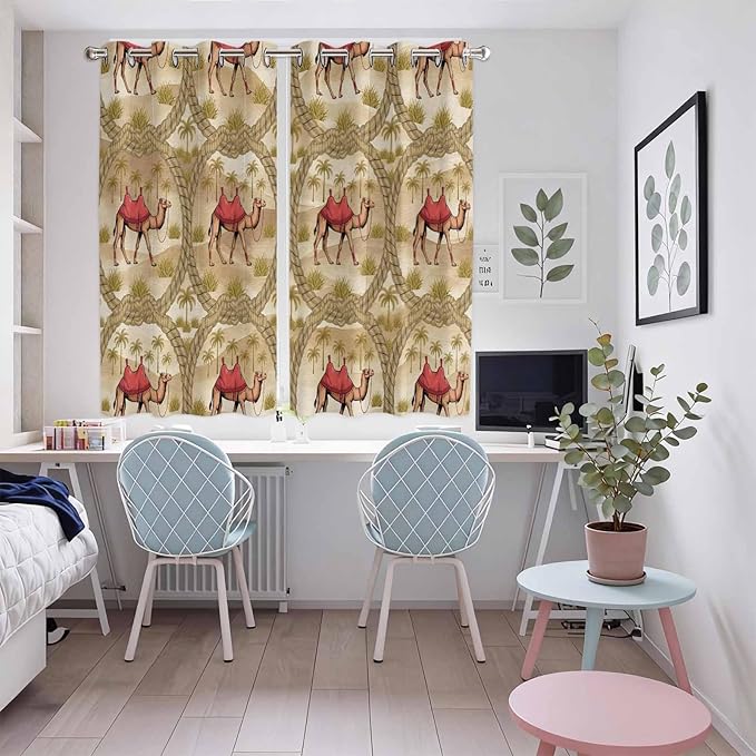 2 Panel Kitchen Cafe Curtains, Desert Camels Sunlight Filtering Nature Air Through, Home Decor Window Covering Tier Curtains for Living Room 104W x 72L inch Tropical Palm Trees Sand Cords Brown