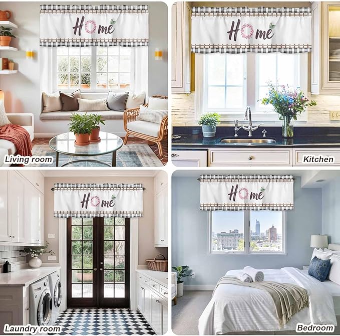 Spring Flowers Curtain Valances for Windows, Kitchen Valance Window Treatment, Watercolor Floral Leaf Black Plaid Light Filtering Block Curtains for Bathroom/Bedroom/Living Room 54'' x 18''