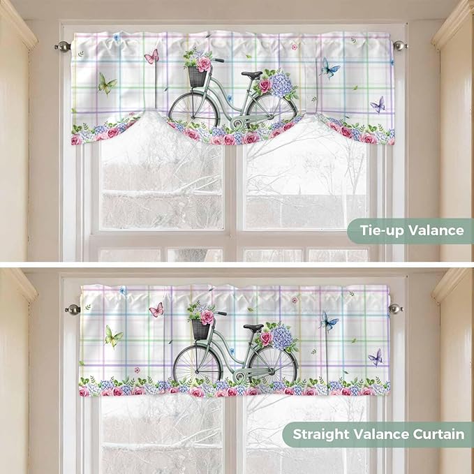 Spring Tie Up Valance Curtains for Windows, Kitchen Curtains Window Shades, Bicycles Botanical Leaves Rose Colorful Stripes Light Filtering Roman Curtain Valances for Bedroom/Bathroom/Cafe 60"x18"