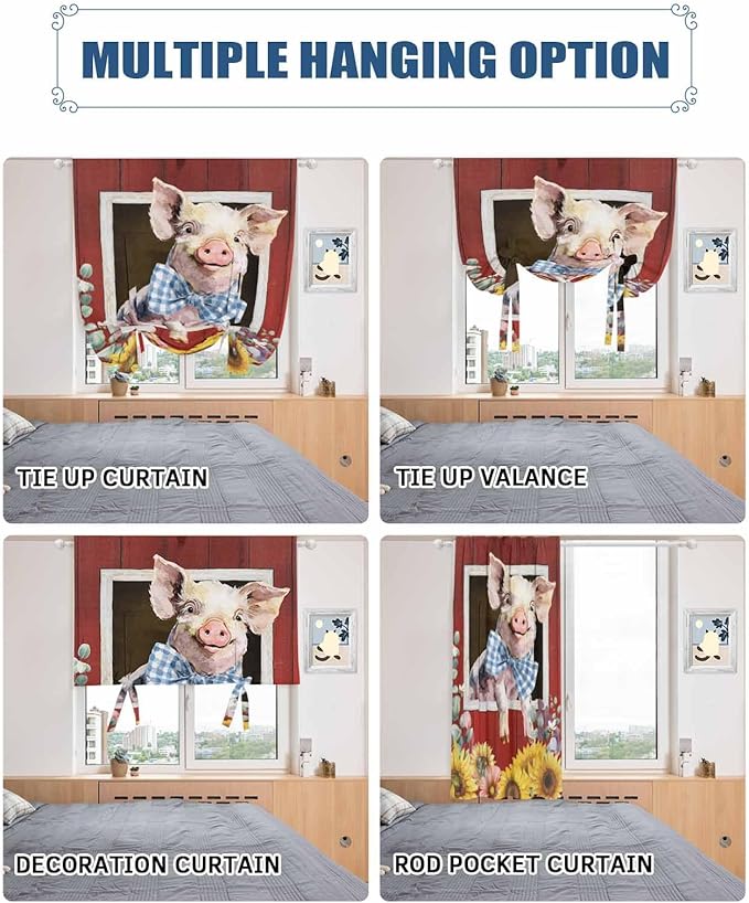 Tie Up Curtains for Windows, Pig Sunflowers Adjustable Balloon Nature Linen Textured Kitchen Curtain, Eucalyptus Leaves Floral Bees Red Barn Privacy Curtains Balloon Blind for Cafe, 42 x 63 Inches