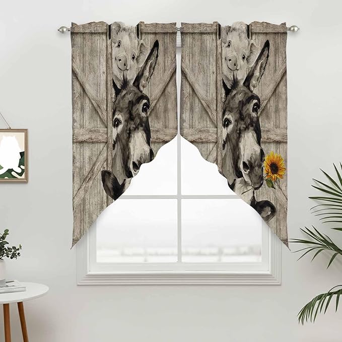 Funny Farm Animals Swag Valances for Windows, Vintage Barn Brown Sunflowers Rod Pocket Kitchen Curtains Valance, Small Window Curtains Swag for Cafe Bathroom Living Room, 2 Panels, 36x36 inch