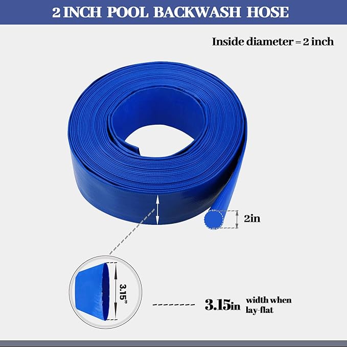 Eastrans 2" x 100 FT Heavy Duty Pool Backwash Hose, Reinforced PVC Lay Flat Discharge Hose, Weather Resistant & Burst Resistant with 2 Hose Clamps