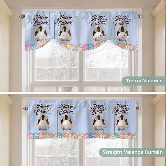 Blue Easter Tie Up Valance Curtains for Windows, Kitchen Curtains Window Shades, Spring Cartoon Bunny Colorful Eggs Wood Grain Light Filtering Roman Curtain Valances for Bedroom/Bathroom/Cafe 60"x18"