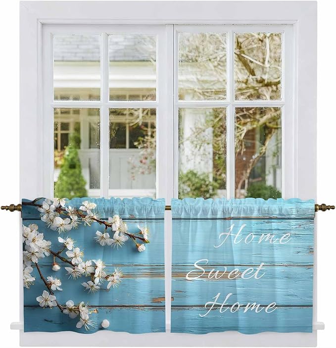 Farmhouse Wooden Grain Tier Curtains, Vintage Shabby Chic Flower Blue Light Filtering Kitchen Curtains, 2Pcs Rod Pocket Half Window Treatments Panels for Sink Cafe Cabinet Camper 27.5x36 Inches