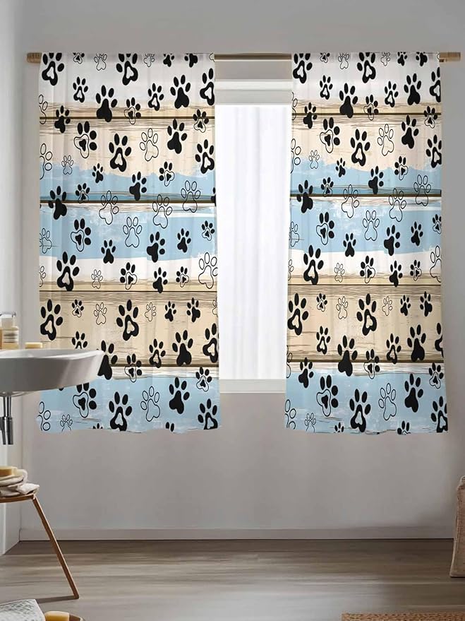 Sheer Curtains 63 Inch Length, Blue Dog Paw Print Semi Sheer Curtains Light Filtering Window Treatment, Vintage Farmhouse Rustic Wooden Grain Privacy Voile Drapes for Living Room Bedroom 52x63 Inch