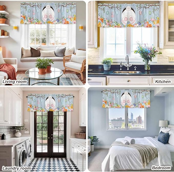 Easter Curtain Valances for Windows, Kitchen Valance Window Treatment, Spring Watercolor Bunny Eggs Flower Wood Grain Blue Light Filtering Block Curtains for Bathroom/Bedroom/Living Room 54'' x 18''