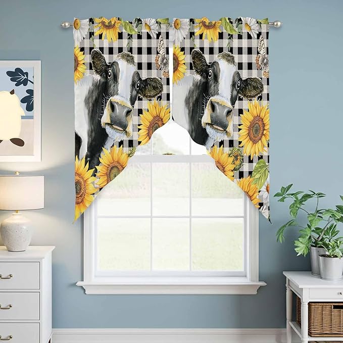 Retro Sunflowers Swag Valances for Windows, Farmhouse Floral Cow Butterfly Black Plaid Rod Pocket Kitchen Curtains Valance, Small Window Curtains Swag for Cafe Living Room, 2 Panels, 28x36 inch